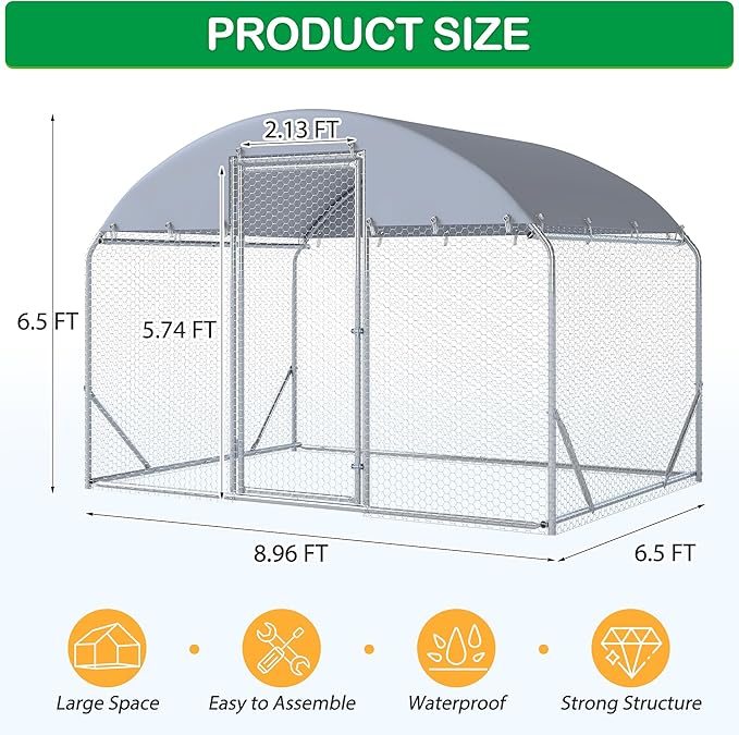 Large Metal Chicken Coop, Walk-in Chicken Run Pen with Waterproof Cover, Dome Roof Poultry Cage for Outdoor, Backyard, Farm