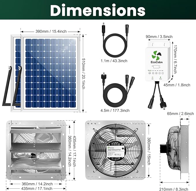 14" Solar Exhaust Fan for Greenhouse with Battery and Adjustable Thermostat, Attic Fans for Garage and Shed with 2PCS 30W Bifacial Solar Panels