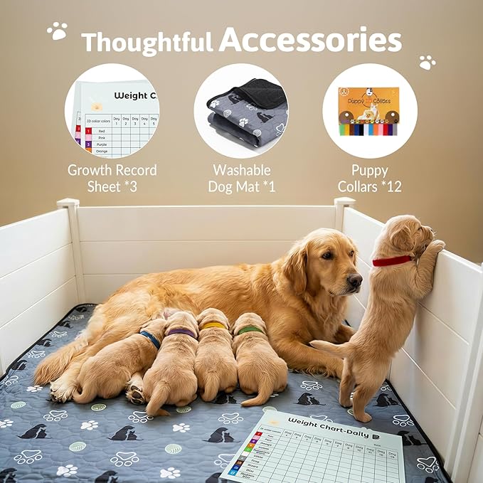 Whelping Box for Dogs, Whelping Box for Puppies with Pee Pad, Puppy Collars and Growth Record Sheets, Easy-Clean & Durable Puppy Playpen, Dog Welping Supplies, 48"x48"x18", White