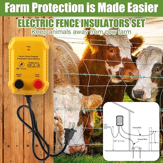 Electric Fence for Preventing Animals Intruding 2 Mile 110VAC 0.25 Joule Electric Plug in Fence, 50 Black Insulator and 1 Socket Tool 250ft Aluminum Wire for Animals and Keep Out Predators