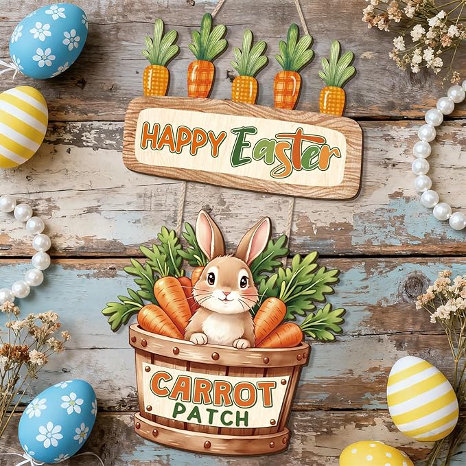 CHDITB Easter Bunny Wooden Door Hanger, Happy Easter Carrot Patch Wood Sign, Rustic Farmhouse Spring Wall Decor, Cute Rabbit Hanging Decoration, Holiday Front Porch Signs for Home Easter Party