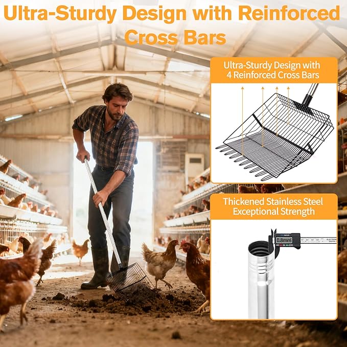 Reptilux Heavy Duty Chicken Poop Scooper Adjustable Long Handle - Stainless Steel Sifter Shovel for Sand & Hemp Bedding - Metal Coop Scoop Rake - Chicken Accessories for Poultry, Dog & Cat Litter