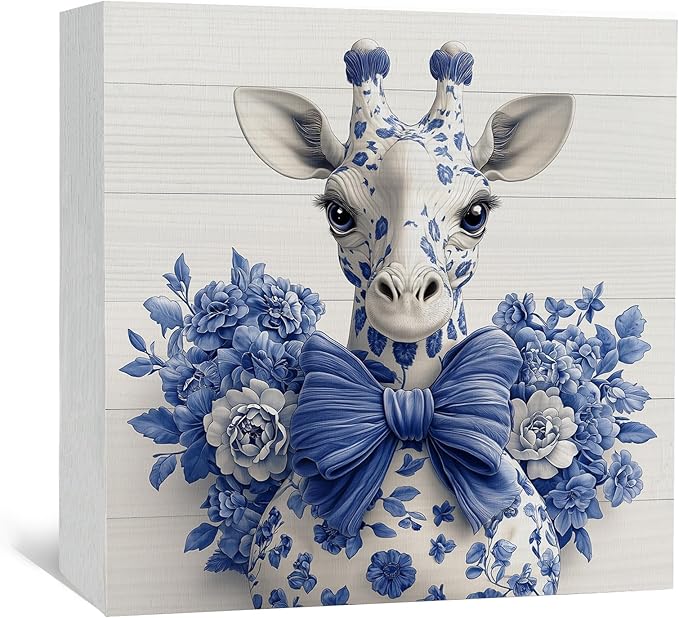 Blue and White Chinoiserie Giraffe Wooden Signs,Grand Millenial Bow Blue Giraffe Floral Home Decor Signs,Chinoiserie Porcelain Desk Decorations,Farm Animal Office Bathroom Decor