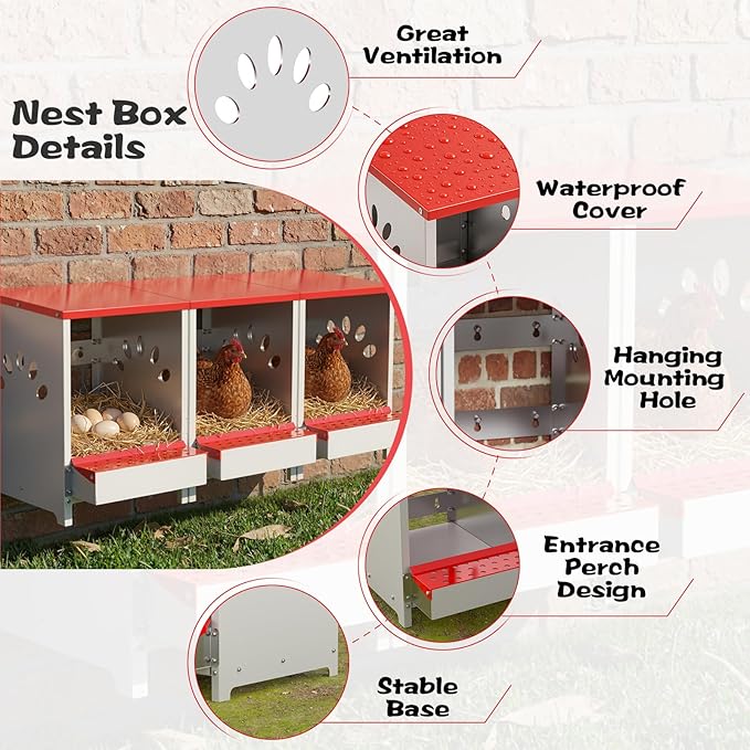 Chicken Nesting Boxes, One Hole Large Metal Hen Laying Box with Swing Perch and Roll Away Egg Collection, Wall Mountable with Vented Holes for Chickens Ducks Birds