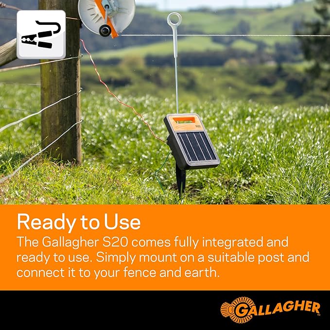 Gallagher S20 Solar Electric Fence Charger with 3,280 Ft Poly Wire | Complete Electric Fence Kit for Livestock, Gardens, and Predator Control | Solar Powered Energizer with Polywire Rolls
