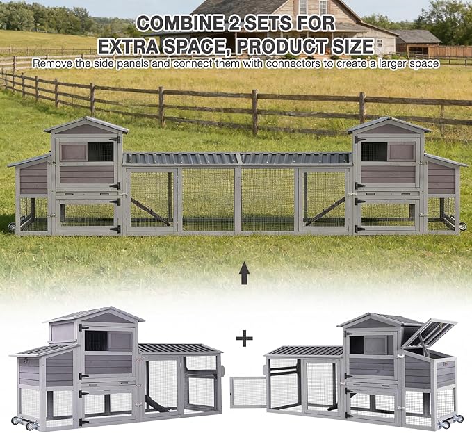 80" Large Chicken Coop on Wheels, with Run, Outdoor Wooden Hen House with Nesting Box, Leakproof Pull-Out Tray & Waterproof Roof, for 4–6 Chickens