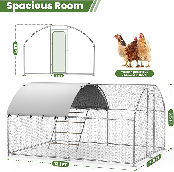 Large Metal Chicken Coop with Roosting Perch, Waterproof and UV-Resistant Cover, Outdoor Walk-in Cage Hen House for Yard Farm Rabbit Duck Chicken Run Dome Roof (10’ W x 13.2’ L x 6.4’ H)