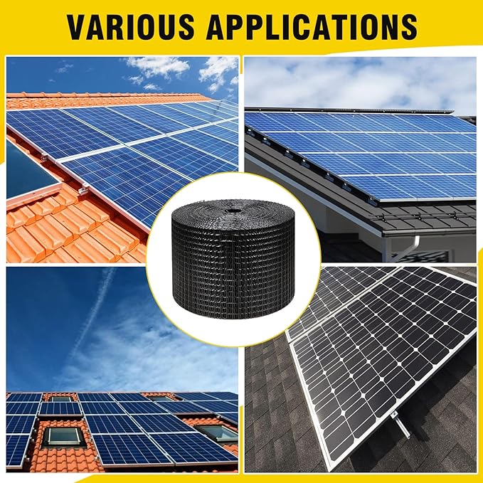 8in X 100ft Solar Panel Bird Guard,Solar Panel roof Protection net 1/2inch Mesh PVC Black Vinyl Coated Galvanized net 70 Fastener ClipsUsed for Bird,Animal Control