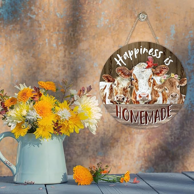 Vintage Farm Animals Cow Cardinal Front Door Sign, Retro Farmhouse Happiness is Homemade Barn Wood Plaque Hanger Outdoor Porch Home Decor, Rustic Country Wooden Wreath Wall Hanging Decoration