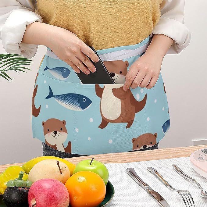 Server Waist Aprons Waitress Unisex Chef Works Half Apron with 3 Pockets