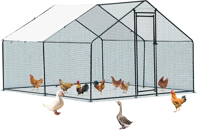 VINGLI Large Metal Chicken Coop, 9.8x9.8x6.5 ft Poultry Cage for Chicken Run, Walk-in Chicken Pen with Waterproof & Anti-UV Cover for Yard Outdoor (Black-Spire Roof)