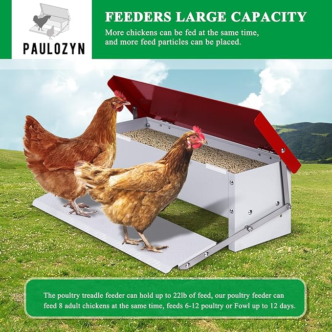 9L Automatic Chicken Feeder Treadle Rat Proof Metal Galvanized Poultry Feeders Treadle Chicken Feeder with Weatherproof Lid for Duck Turkey Outside No Waste