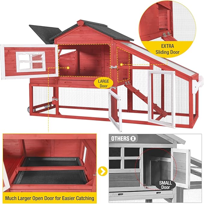 Aivituvin Chicken Coop Outdoor with Wheels, Mobile Hen House Wooden Poultry Cage with Run & Waterproof Roof (Red with White)
