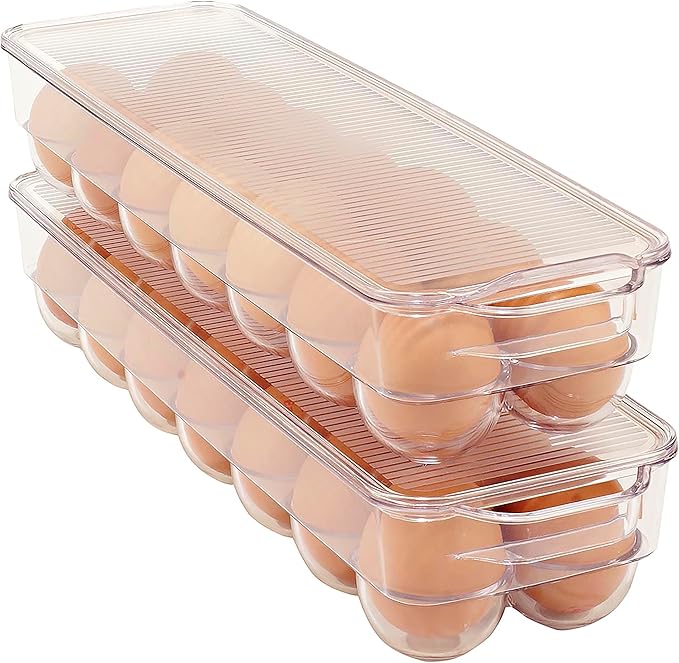 Kitchen Details 2 Pack Egg Crate | Dimensions: 14.5"x4.5"x2.9" | Fits 14 Eggs per Crate | Stackable | BPA Free | Easy Pull Handles | Kitchen Organization | Clear