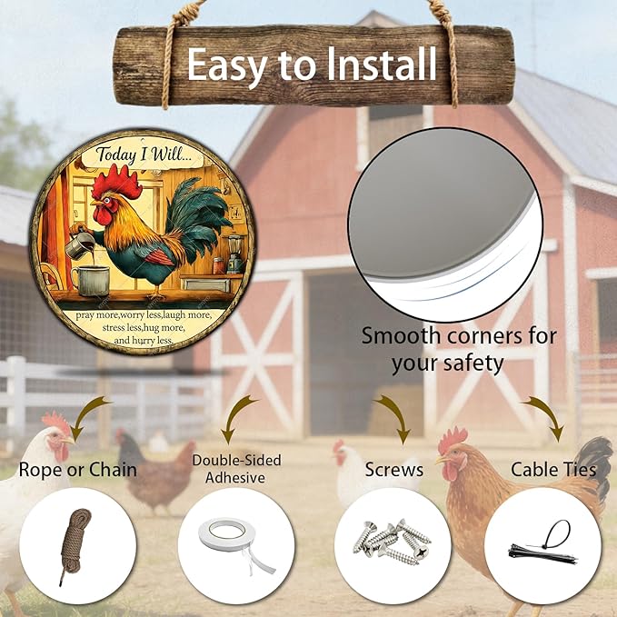 Chicken Signs Rooster Kitchen Round Wall Decor Today I Will Pray More Worry Less Metal Tin Sign Funny Chicken Coop Accessories Rooster Decor Home Garden Farm Yard Office 8 Inch