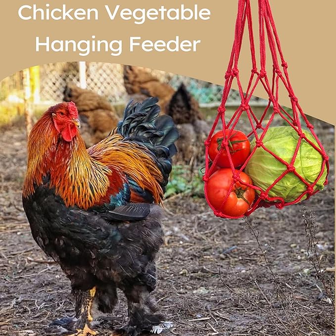 Hanging Poultry Feeder Net 2pcs - Chicken Veggies Bag, Chicken Toy for Coops, Hanging Vegetable Bag, Enrichment Toy for Hens Ducks Coops (Red)