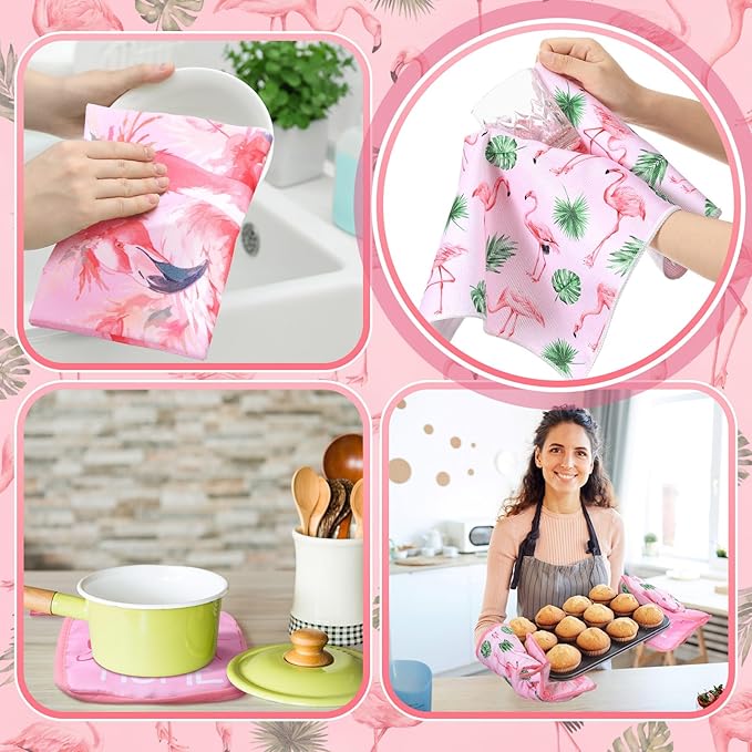 10 Pcs Flamingo Kitchen Dish Towels Rugs Oven Mitts and Pot Holders Set Farmhouse Kitchen Decor Set for Women Mom Daughter Gift Cooking Baking Grilling(Cute Pink)