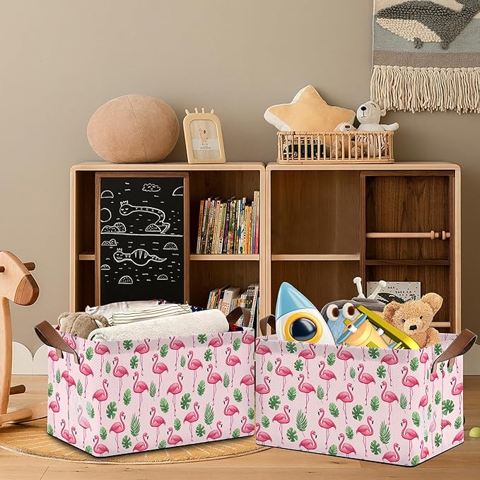 Flamingo Storage Baskets,Palm Leaves Tropical Foldable Organizer Bin with Handles for Home Living Room Bedroom Closet Box 17x11.5x10Inch