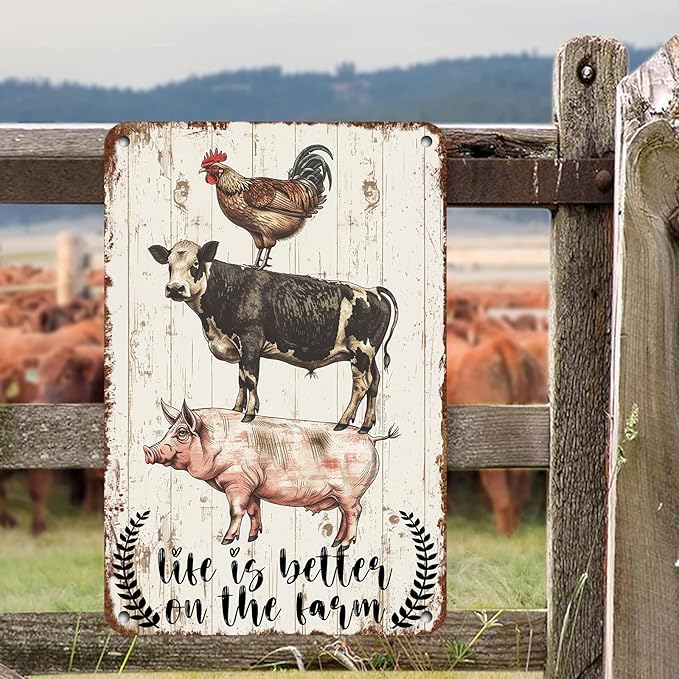 Rustic Farm Animals Metal Sign Vintage Style Life is Better on the Farm Wall Decor for Farmhouse Gift 12 * 8in