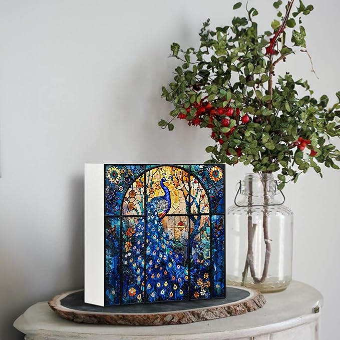 Peacock Gifts Wooden Sign - Peacock Feather Art Church Decor, Rustic Colored Glass Art Wooden Box Sign for Home Library Cafe Bathroom Table Desk Shelf Decoration, 5x5 Inch