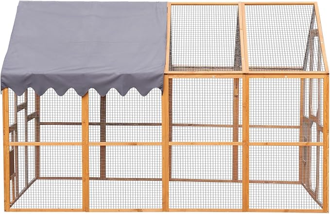 KEIKI 110" L Outdoor Large Chicken Coop with Waterproof Cover, Wire Mesh & 2 Lift Small Doors with Locks, Wood Chicken Coop House with Run for Cat Kitten Playpen, Duck, Rabbit, Quail