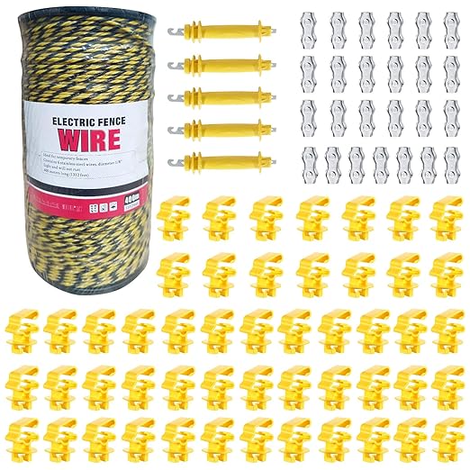 Electric Fence Wire Kit - 1312 Feet 400 Meters Electric Fence Polywire, 50 PCS T-Post Insulators, 25 PCS M4 Heavy Duty Poly Rope Connectors, 5 PCS Robber Electric Fence Gate Handle Insulators