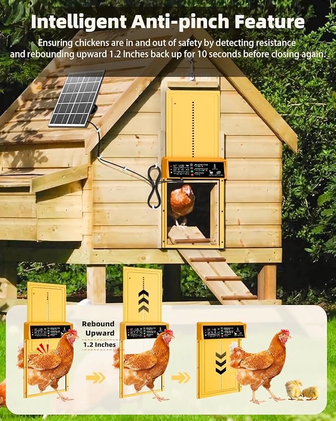Automatic Chicken Coop Door, Pet Deluxe Chicken Coop Door Solar Powered 7W - Programmable Timer, Light Sensor, Anti-Pinch Safety, Aluminum Alloy Frame with 10 Wire Clips Chicken Door - Gold