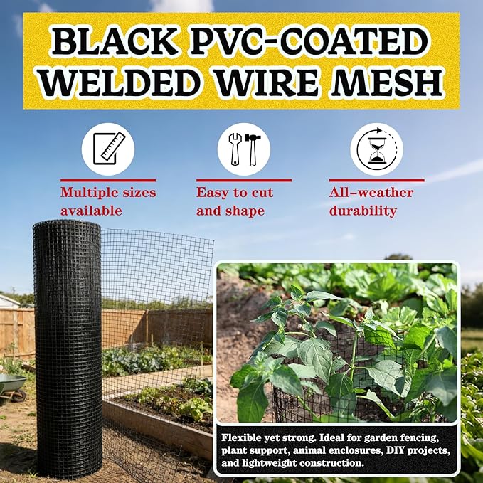 Black Hardware Cloth 1inx48inx100ft, 17GA, Chicken Wire Fencing Roll, Black Chicken Wire Mesh, Vinyl PVC Coated Welded Wire Mesh for Chicken Coop Barrier, Rabbit Snake Poultry Fences