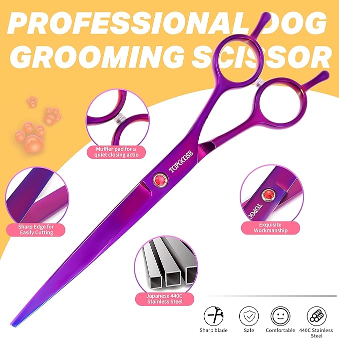 TOPGOOSE 7.5'' Dog Straight Scissors for Grooming 440C Stainless Steel Professional Pet Trimming Scissors Sharp Blades Cutting for Dogs and Cats Shears (Straight, Purple)