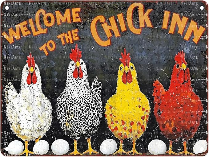 Funny Chicken Tin Sign Welcome To The Chick Inn Vintage Sign Metal Farm Sign for Garden Farm Chicken Coop Decor 12X16Inch