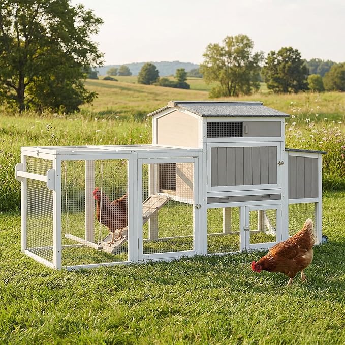 78" Wooden Chicken Coop with Nesting Box, Poultry Cage with Wheel Leak Proof Pull-on Tray and Asphalt Waterproof Roof, Hen House for Garden Backyard Farm