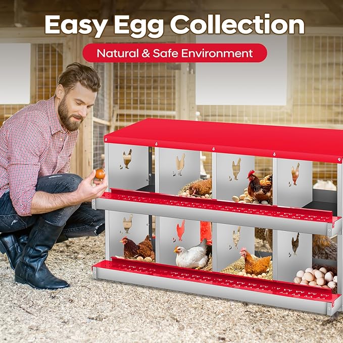 8 Compartment Chicken Nesting Box, 2 Layer Wall Mount/Free Standing Poultry Nest for Chickens, Hens, Ducks, Metal Chicken Laying Boxes with Perch, Secure Lid, Vented Holes for Egg Collection, Red