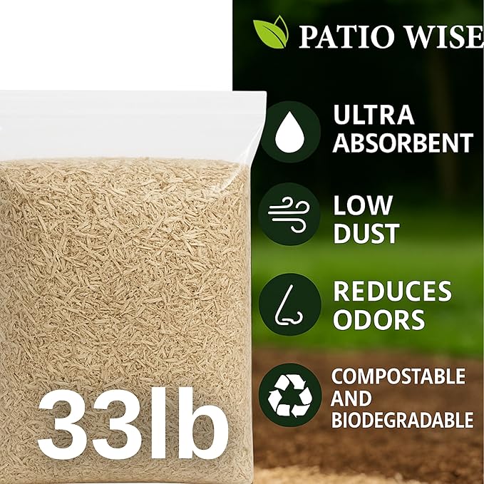 Patio Wise Premium All Natural Hemp Bedding & Garden Mulch – Dust-Free, Odor-Control, Ultra-Absorbent Pet Bedding for Small Animals, Chickens & Livestock – Bagged Biodegradable Ground Cover- 33 lb