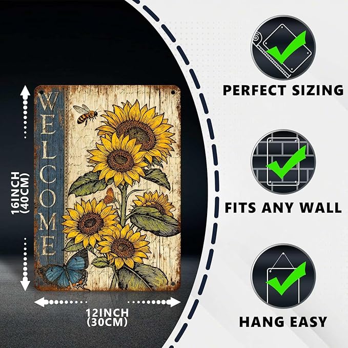 Vintage Sunflower Tin Sign Welcome Retro Garden Metal Sign Rustic Nostalgic Wall Decor For Home Garden Plaque Yard Bar Farmhouse Porch Living Room Cafe Kitchen 16 * 12 In