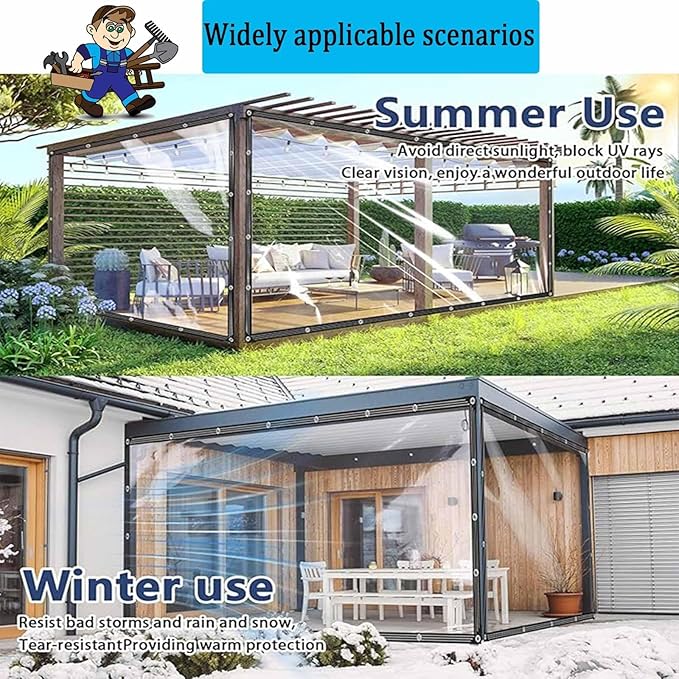 Clear Waterproof Tarp with Grommets, Outdoor Thicken Transparent Tear Resistant PVC Vinyl Tarpaulin Windproof Poly Shade Cloth with 1 Roll Rope, for Patio,Porch,Deck,Greenhouse,12x14 FT
