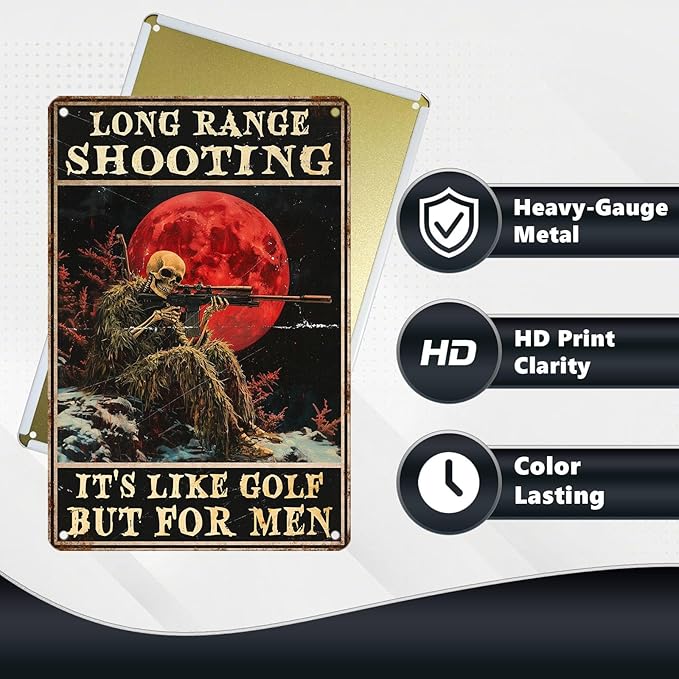 Vintage Skeleton Tin Sign Long Range Shooting Retro Metal Poster It's Like Golf But For Men Funny Gun Wall Art Cafe Office Wall Decorations for Home Bar Club Military Fan Man cave 12 * 8 In