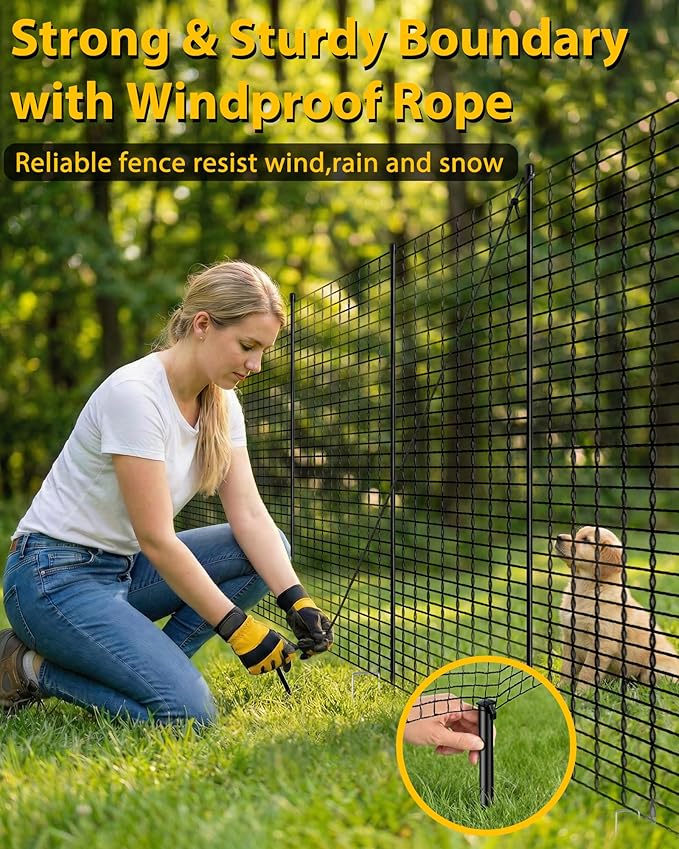 Temporary Fence with Posts, 3'x50' Plastic Fencing Garden Fence Animals Barrier with Fiberglass Stake Windbreak Rope, Portable Snow Fences, Fencing for Dogs Outdoors Backyard (Black)