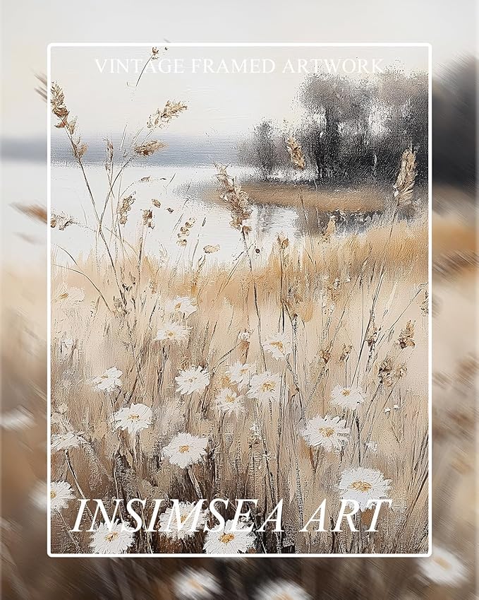 InSimSea Framed Canvas Wall Art for Living Room Landscape Wall Decor Meadow with Flowers Vintage Paintings Classical Wildflower Field Scene Boho Floral Pictures Decor for Bathroom Bedroom 12x16in