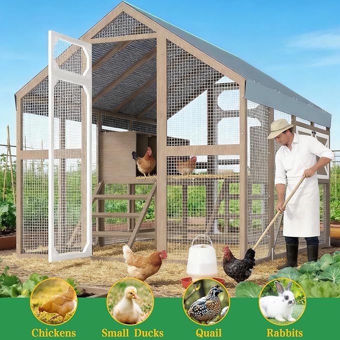 Large Wooden Chicken Coop, Walk-in Chicken Run with Waterproof Cover, Large Poultry Cage for Yard Farm Backyard Hen House, Duck Coop and Rabbit Run with Nesting Boxes, for 8–12 Chickens