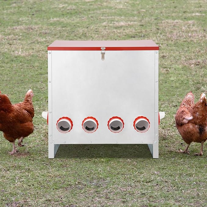 10-Hole Large Capacity Chicken Feeder, 30kg/66lbs Automatic Poultry Feeder with Lid, Galvanized Metal Chicken Feeders and Waterer for Hens, Floor Standing Feeders for Chickens Ducks