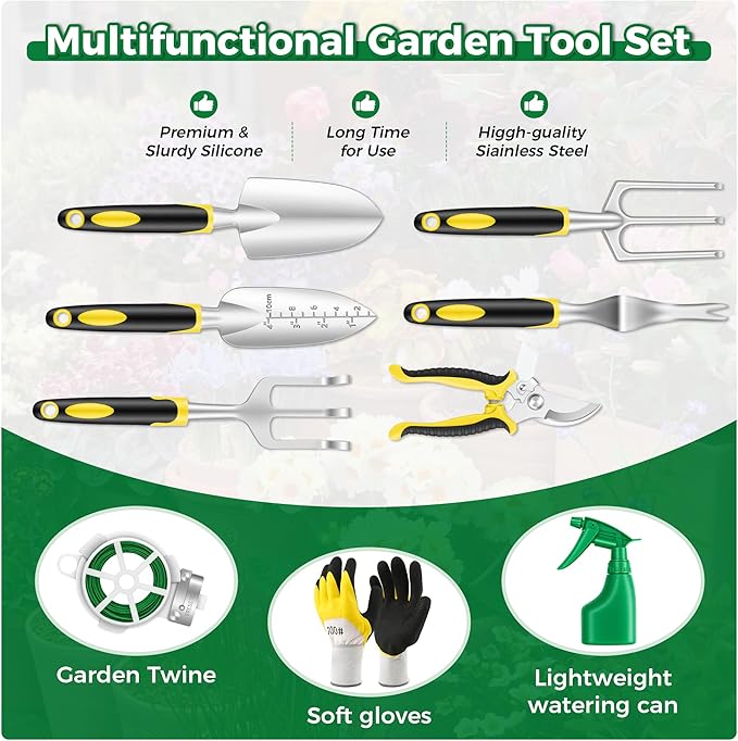 Gardening Tools 10-Piece, Heavy Duty Garden Tool Set with Fashion and Durable Garden Tools Organizer Handbag, Rust-Proof Gardening Hand Tools Weeding Kit, Ideal Gardening Gifts for Women