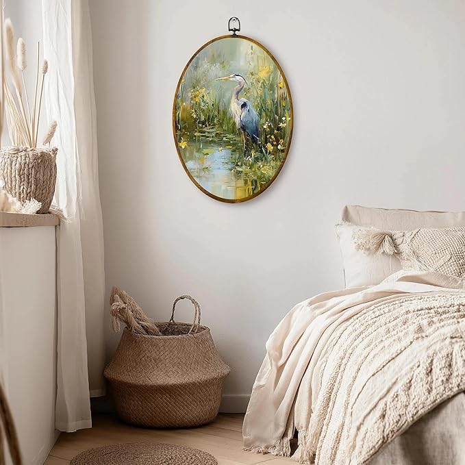 zewepri Egret Oil Painting Style, Landscape Art Print, Bird Painting, 8.6×11.4 Inches High-Density Canvas with Pre-Installed Hook, Ideal for Bedroom, Living Room, Study, and Gift for Art Lovers
