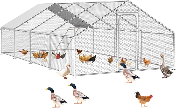 Large Metal Chicken Coop Run with Roosting Perch– Outdoor Waterproof & UV-Resistant Cover for Chickens, Ducks, Rabbits, and Hens in Yard or Farm Use Spire Roof(13.1'Wx26.2'Lx 6.5'H)