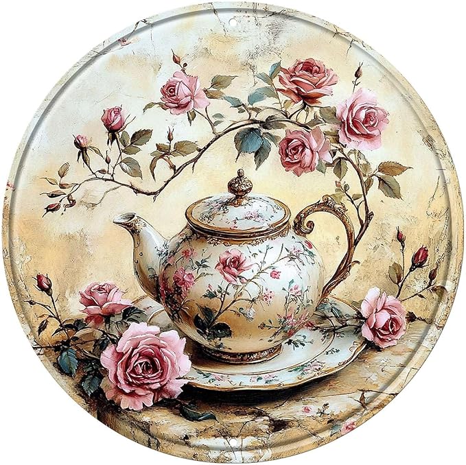 Tea Round Metal Tin Sign Wreath Vintage Farmhouse Rustic Wall Art Decor for Kitchen Porch Garden Yard Outdoor Decor 12x12inch