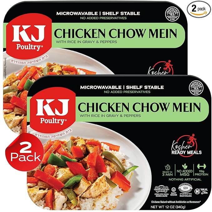KJ Poultry Kosher Ready Meals - Chicken Chow Mein, MRE Meat Meals Ready to Eat, Gluten Free, Halal, (2 Pack) Prepared Entree Fully Cooked, Shelf Stable Microwave Dinner Travel Military Camping