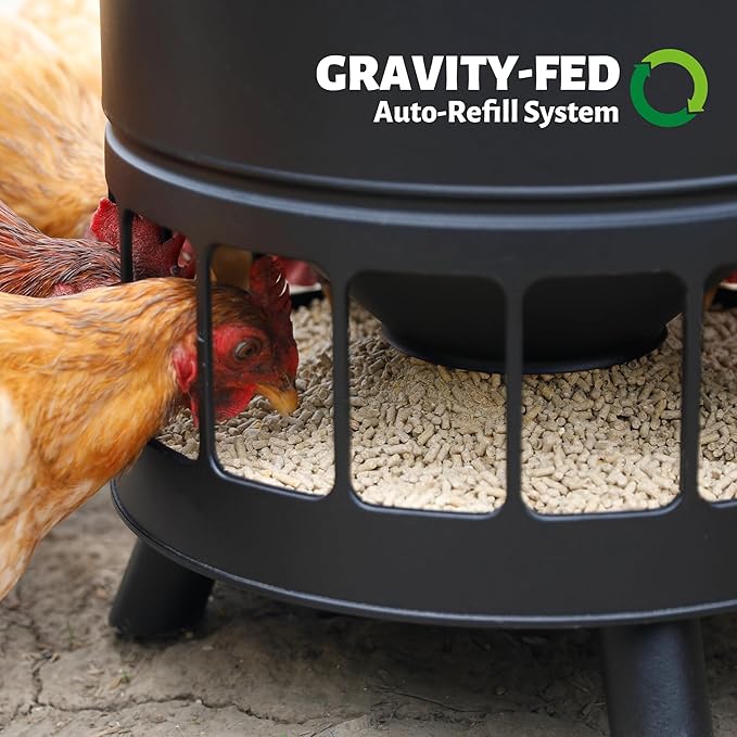 Solution4Patio 65 LB Large Free Standing Chicken Feeding Barrel, Portable Gravity Chicken Feeder Automatic, Dispenser, 16 Feeding Ports Poultry Feeder, Hen Coop (Black)