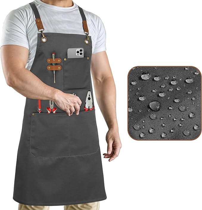 RUVANTI Work Apron for Men, Oil & Water Repellent, Poly Cotton Cross Back Aprons for Women with Pockets, Adjustable up to XXL