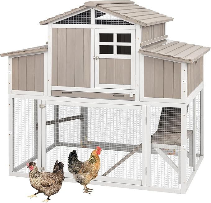 56.03" L 2-Story Chicken Coop with Run,Fir Wood Chicken House Hen House with 2 Large Nesting Boxes,Expandable Poultry Cage for 2-4 Chicken with 4 Perching Bars,Pull-Out Tray,Ramps