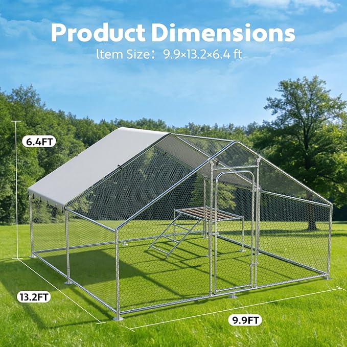 Large Metal Chicken Coop with Roosting Ladder, Waterproof and UV-Resistant Cover,Outdoor Walk-in Cage Hen House for Yard Farm Rabbit Duck Chicken Run, Spire Roof(13.1'W x 9.8'L x 6.4'H)