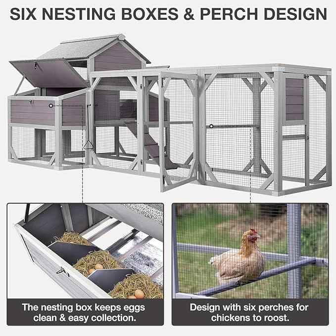 Extra Large Chicken Coop with Run, Outdoor 2-Tier 120"L Wooden Walk-in Chicken House for 6-8 Chickens, Poultry Hutch with 6 Nesting Boxes & Perches, Weatherproof Roof, Removable Leakproof Tray